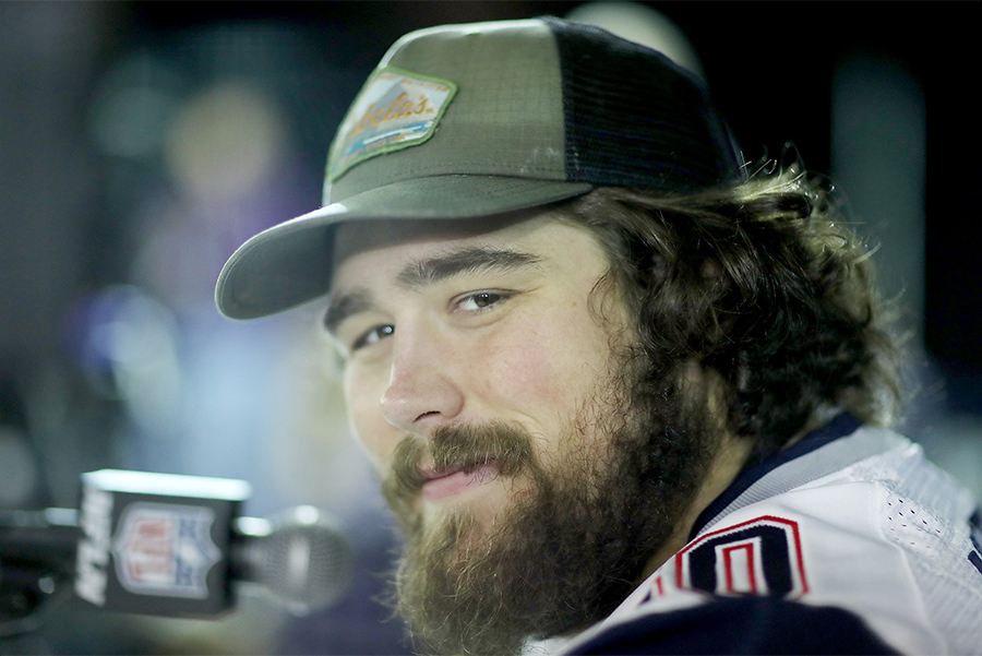 BLOOMINGTON, MN - FEBRUARY 01: David Andrews of the New England Patriots speaks to the press during the New England Patriots Media Availability for Super Bowl LII at the Mall of America on February 1, 2018. (Photo by Elsa/Getty Images)